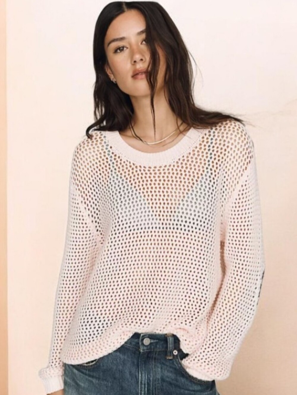 #1808 Light Pink Open-Knit Sweater - Women's Casual Pullover